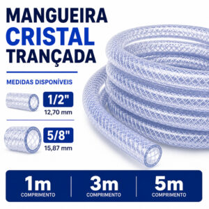 Mangueira Cristal Trançada 1/2"- 5/8"  Transparente Reforçada Multiuso Jardim Lavagem Irrigação Àgua - Oferta na Shopee
