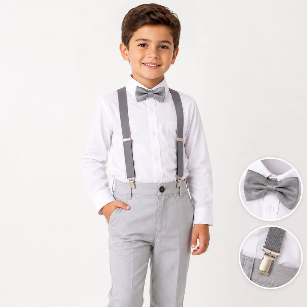 Calça Cinza com Camisa Manga Longa Branca e Kit Gravata e Suspensório Cinza Infantil Calça Cinza com Camisa Manga Longa Branca e Kit Gravata e Suspensório Cinza Infantil - Oferta na Shopee