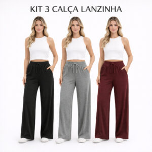 Kit 3 Calça Pantalona de Lazinho Feminina Cintura Alta com Bolso Outono/Inverno Confortável Elegante - Oferta na Shopee