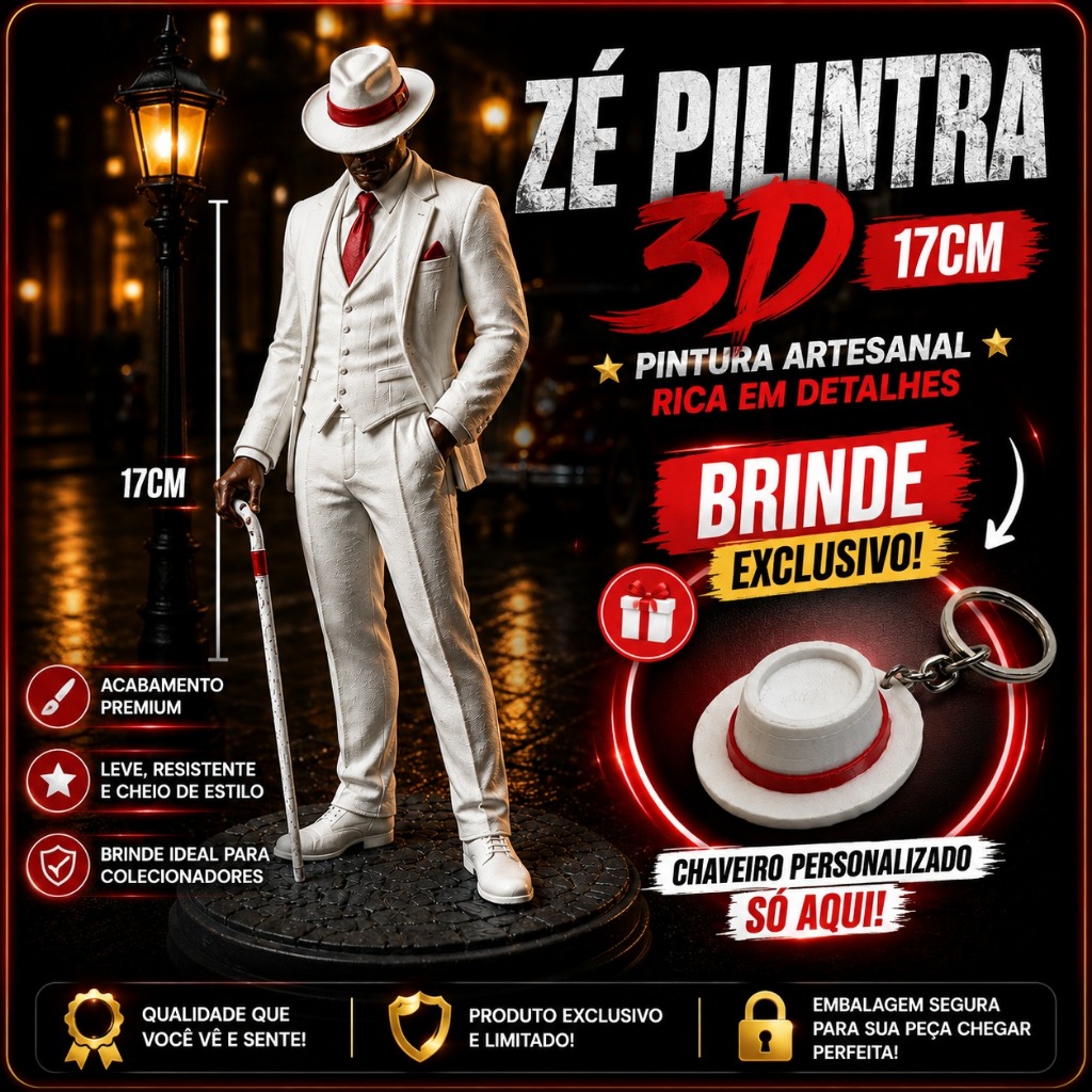 Zé Pilintra 3D 17cm + BRINDE: Chaveiro Exclusivo | Pintura Artesanal Zé Pilintra 3D 17cm + BRINDE: Chaveiro Exclusivo | Pintura Artesanal
