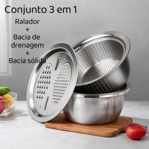 Conjunto 3 em 1 Inox Ralador com Tigelas | Escorredor + Bacia + Fatiador Multifuncional - Oferta na Shopee