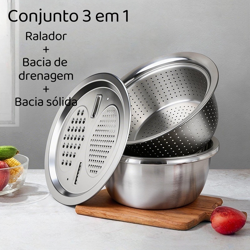 Conjunto 3 em 1 Inox Ralador com Tigelas | Escorredor + Bacia + Fatiador Multifuncional Conjunto 3 em 1 Inox Ralador com Tigelas | Escorredor + Bacia + Fatiador Multifuncional