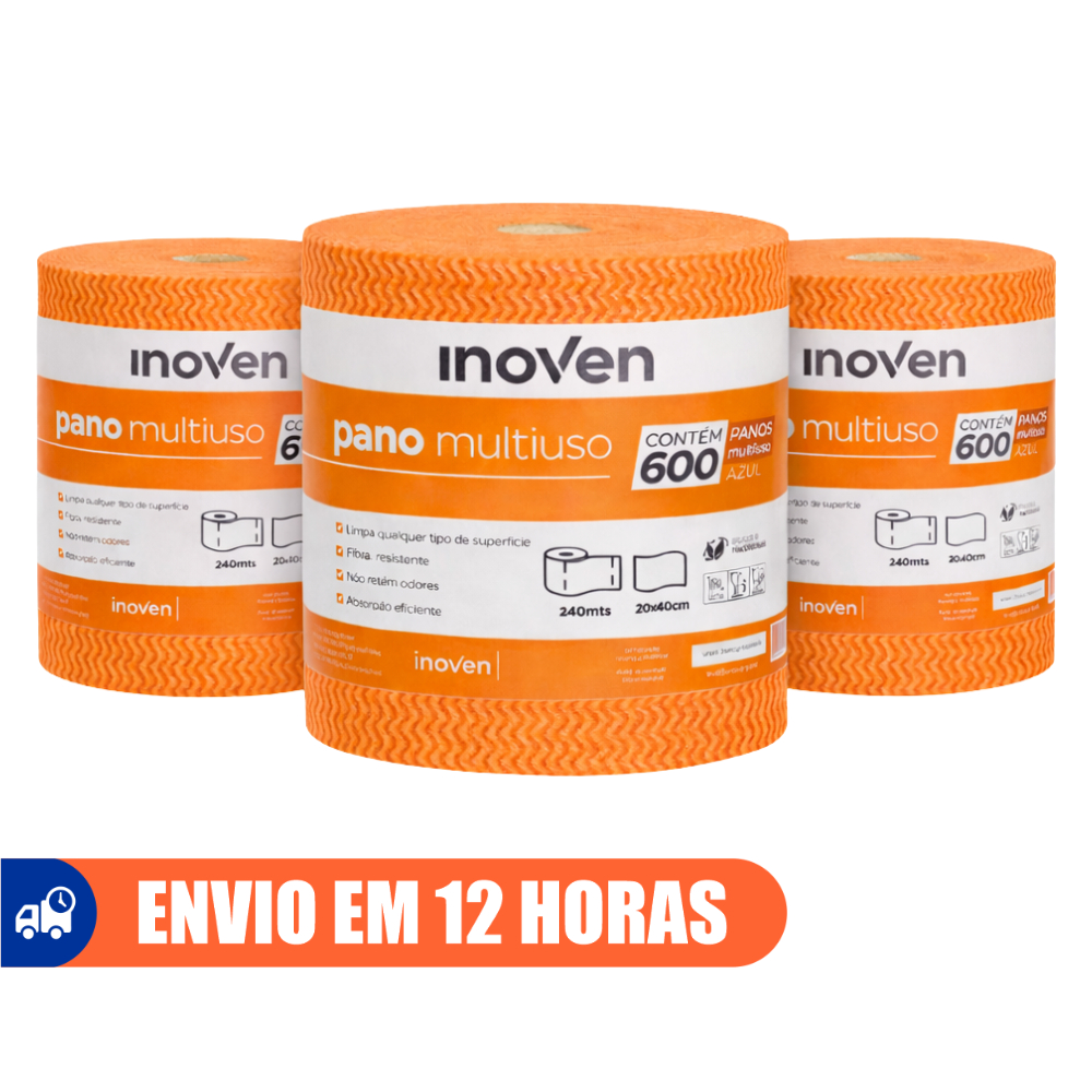 Kit Até 3 Rolos 20cm x 240m Pano Multiuso 1800 Panos Perfex Limpeza Laranja Inoven Kit Até 3 Rolos 20cm x 240m Pano Multiuso 1800 Panos Perfex Limpeza Laranja Inoven