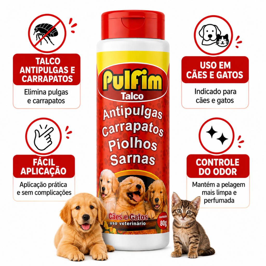 Talco Antipulgas Carrapato Piolho e Sarna Pulfim 80g para Cachorro e Gato Talco Antipulgas Carrapato Piolho e Sarna Pulfim 80g para Cachorro e Gato