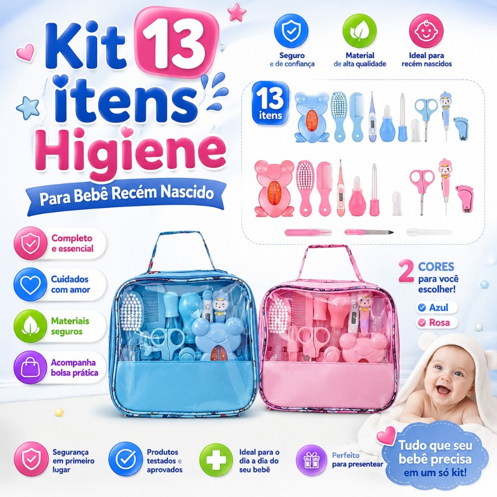 Kit 13 Higiene Cuidado Bebê Recém Nascido Essencial 13 Peças Cuidados Cortador Escova Cabelo Pente Kit 13 Higiene Cuidado Bebê Recém Nascido Essencial 13 Peças Cuidados Cortador Escova Cabelo Pente
