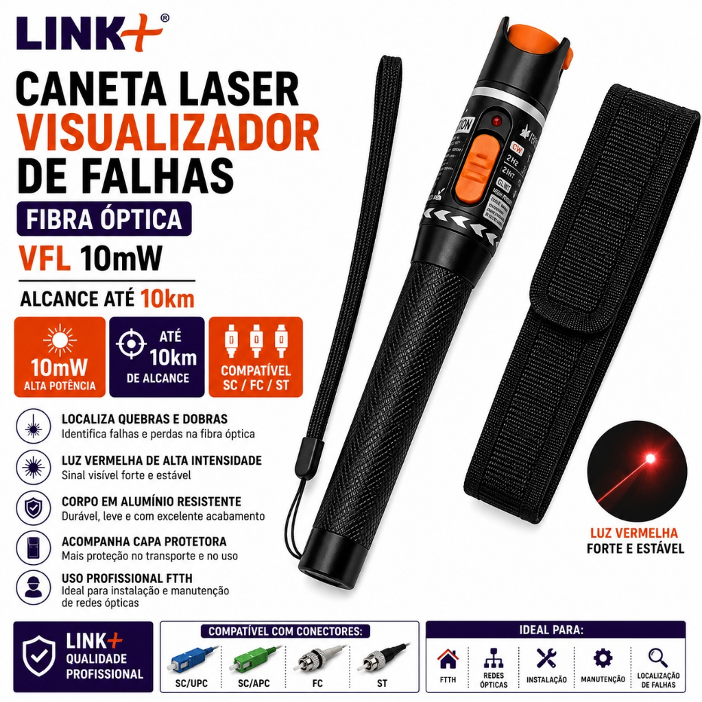 Caneta Laser Visualizadora De Falhas Fibra Óptica 10KM 10MW INSTALADOR – LINK+ Caneta Laser Visualizadora De Falhas Fibra Óptica 10KM 10MW INSTALADOR – LINK+