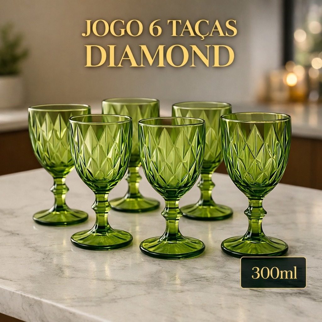 Jogo 6 Taças Diamond Verde 300ml Vidro Elegante Sofisticado Diamante Vinho Água Sofisticada Jogo 6 Taças Diamond Verde 300ml Vidro Elegante Sofisticado Diamante Vinho Água Sofisticada