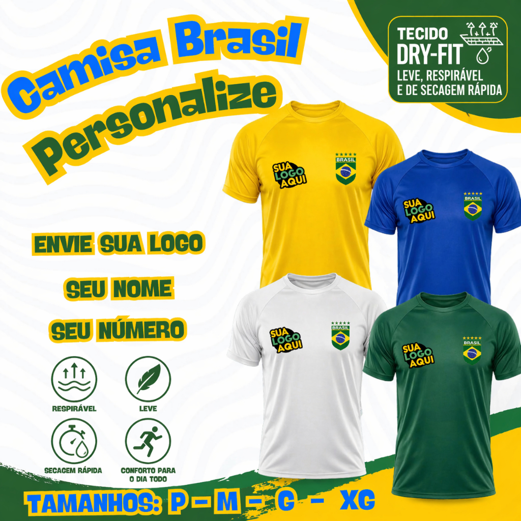 Camisa Brasil Personalizada Dry-Fit | Logo Nome e Número | Varios Modelos | Amarela e Verde | Uniforme Eventos e Times Camisa Brasil Personalizada Dry-Fit | Logo Nome e Número | Varios Modelos | Amarela e Verde | Uniforme Eventos e Times