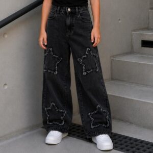 Calça Jeans Juvenil Feminina Wide Leg Destroyed Estrela Preto/Azul Claro - Oferta na Shopee