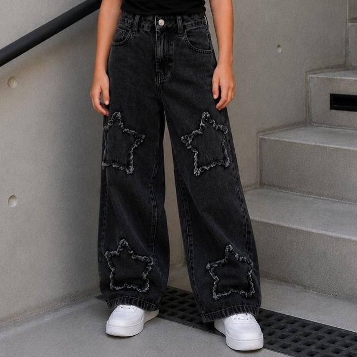 Calça Jeans Juvenil Feminina Wide Leg Destroyed Estrela Preto/Azul Claro Calça Jeans Juvenil Feminina Wide Leg Destroyed Estrela Preto/Azul Claro - Oferta na Shopee