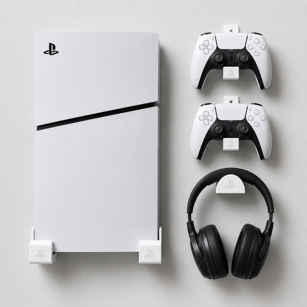 Suporte PS5 Slim de Parede Suporte Gamer Minimalista Suporte Console Fone Controles Playstation Suporte PS5 Slim de Parede Suporte Gamer Minimalista Suporte Console Fone Controles Playstation