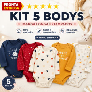 Kit 5 Peças Roupinha Enxoval de Bebê Body Manga Longa Estampado 100% Algodão - Oferta na Shopee