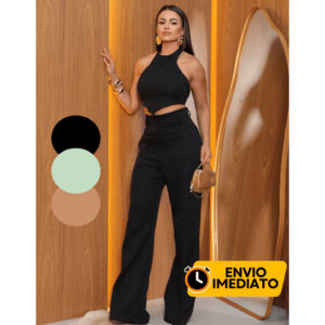 Conjunto em Alfaiataria Feminino Calça Pantalona Social Com Cropped Costas nua Elegante - Oferta na Shopee