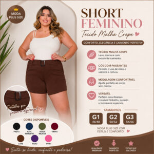 short feminino tecido malha crepe plus size G1 G2 G3 CON CINTO - Oferta na Shopee