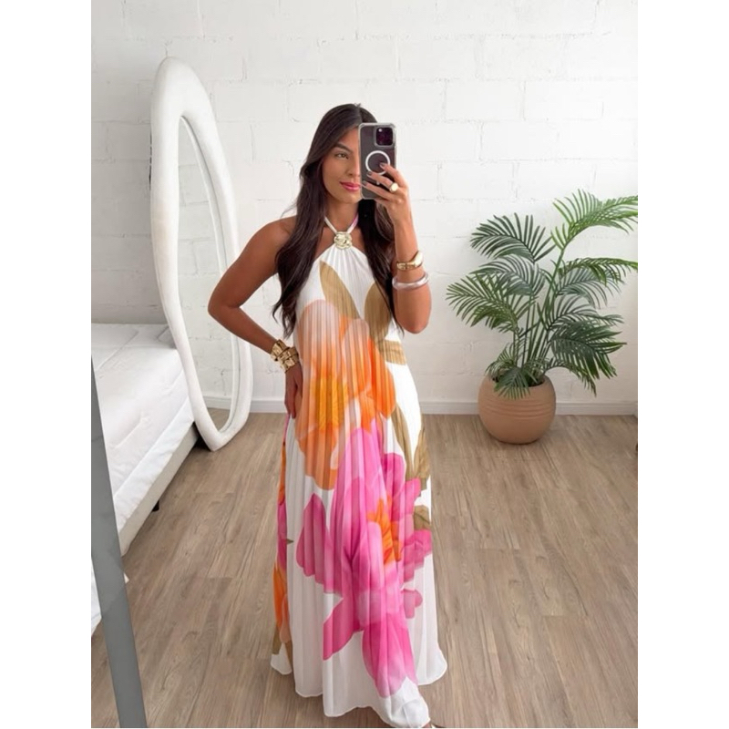 vestido longo plinsado floral fivela vestido longo plinsado floral fivela - Oferta na Shopee