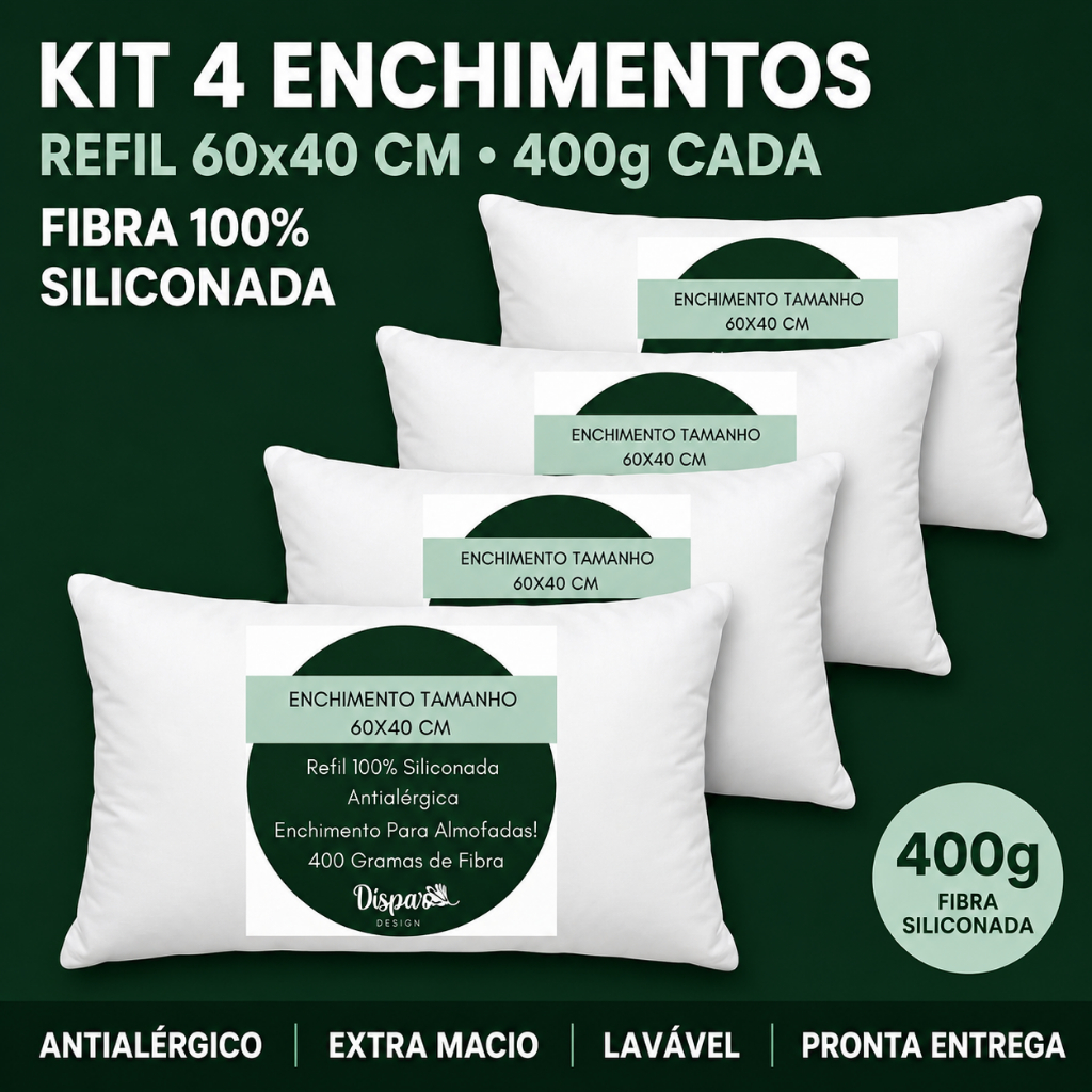 Kit 4 Refil Enchimento Almofada 60×40 cm | 400g Fibra 100% Siliconada Premium | Extra Macio Antialérgico Kit 4 Refil Enchimento Almofada 60×40 cm | 400g Fibra 100% Siliconada Premium | Extra Macio Antialérgico