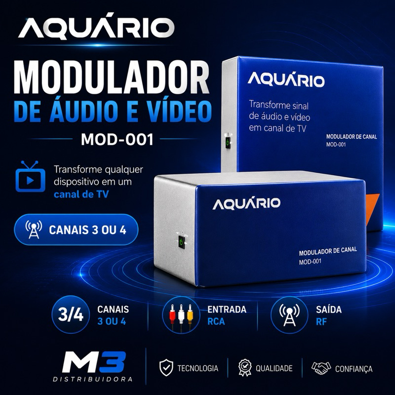 Modulador RF Aquário MOD 001 Conversor Áudio e Vídeo Canal 3 e 4 para TV Modulador RF Aquário MOD 001 Conversor Áudio e Vídeo Canal 3 e 4 para TV