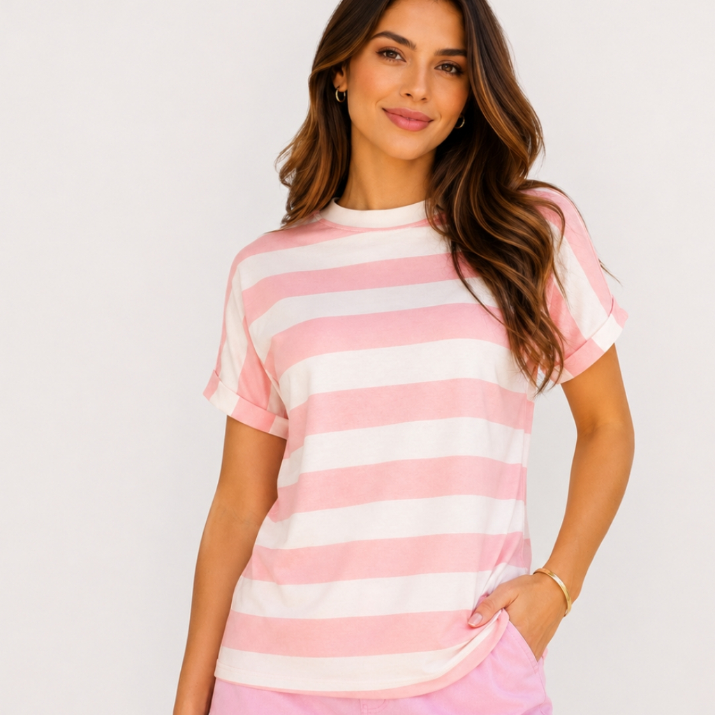 Blusa Listrada Feminina Tshirt Manga Japonesa Curta Dobrada Viscolycra Básica Moderna Moda Jovem Blusa Listrada Feminina Tshirt Manga Japonesa Curta Dobrada Viscolycra Básica Moderna Moda Jovem
