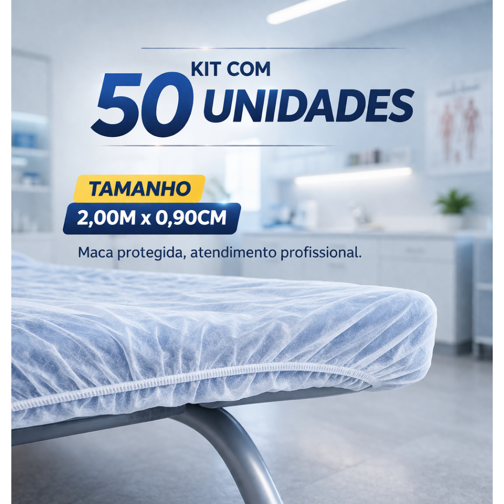 50 Lençol Descartável TNT Branco Maca 2,00×0,90 50Un com Elástico Ideal para Hospital Clínica Estética 50 Lençol Descartável TNT Branco Maca 2,00×0,90 50Un com Elástico Ideal para Hospital Clínica Estética