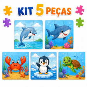 Kit 5 Quebra-Cabeça Infantil Educativo Madeira Mdf Animais Selva Fofos Brinquedo Pedagógico Desenvolvimento 9 Peças cada - Oferta na Shopee