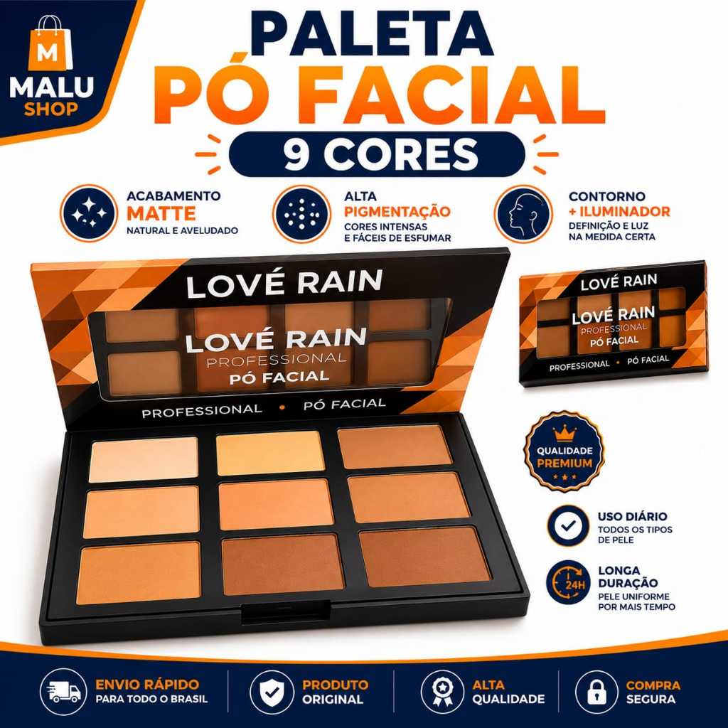 Pó Facial Matte Paleta Love Rain 9 Cores Textura Ultra Fina Acabamento Profissional Disfarce de Poros Maquiagem Completa Pó Facial Matte Paleta Love Rain 9 Cores Textura Ultra Fina Acabamento Profissional Disfarce de Poros Maquiagem Completa