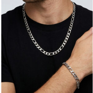 Kit Corrente Masculina Grossa 7mm Aço Inoxidável Colar 60cm + Pulseira Grossa Prata Estilo Cubana - Oferta na Shopee