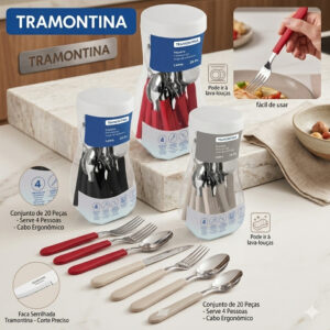 Jogo Kit Talheres Tramontina Leme 20 Peças Original Aço Inox Premium Resistente Cozinha Cabo Vermelho/Cinza/Preto - Oferta na Shopee