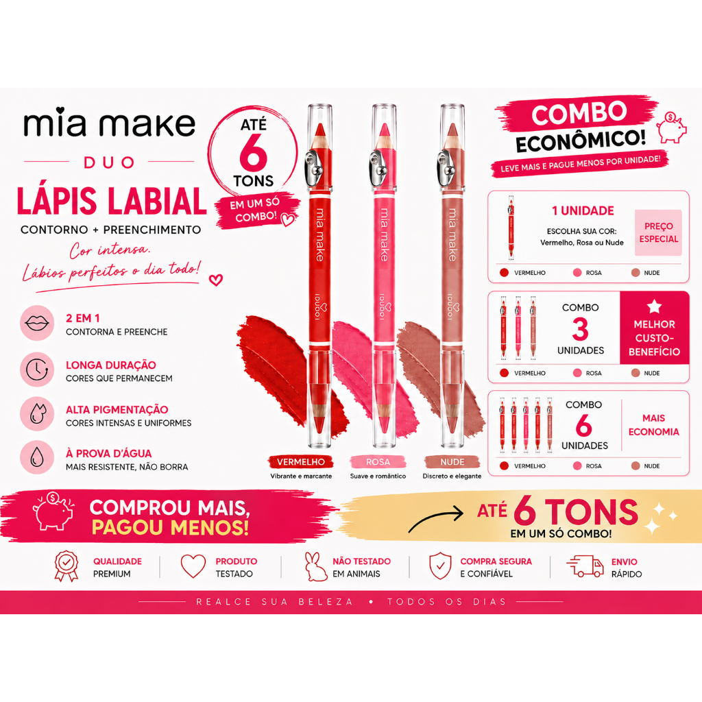 Lápis Labial Duo Mia Make com Apontador Maquiagem Profissional Alta Fixação Combo Lápis Labial Duo Mia Make com Apontador Maquiagem Profissional Alta Fixação Combo