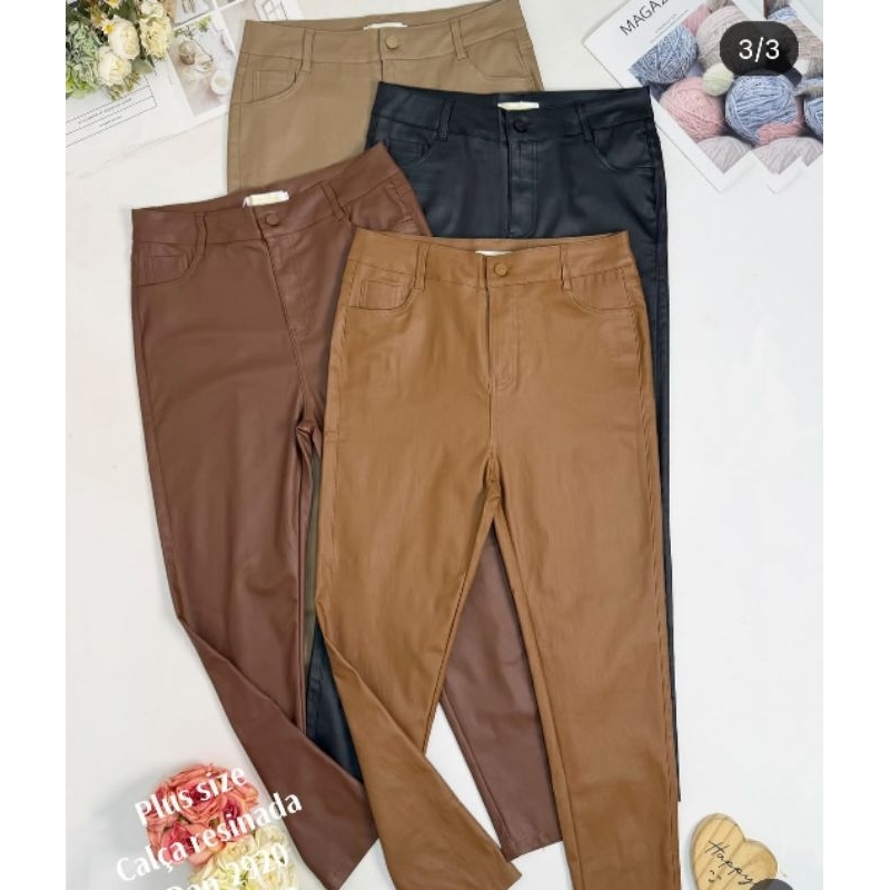 Calça feminina plus size couro fake / Com zíper / Com bolso atrás / Tendência Calça feminina plus size couro fake / Com zíper / Com bolso atrás / Tendência - Oferta na Shopee