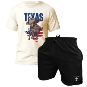 Kit Masculino Casual - Camiseta Texas Cowboy + Bermuda Tactel Premium - Oferta na Shopee