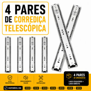 Kit 8 Corrediças Telescópica Reforçada Trilho +Brinde Parafusos - 20CM 25CM 30CM 35CM 40CM 45CM 50CM - Oferta na Shopee