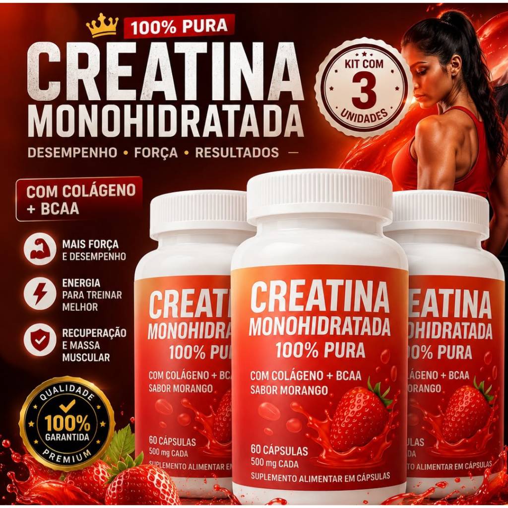 Kit 3 Creatina Feminina com Colágeno e BCAA - Sabor Morango - Ganho de Glúteos, Massa Muscular e Definição Kit 3 Creatina Feminina com Colágeno e BCAA - Sabor Morango - Ganho de Glúteos