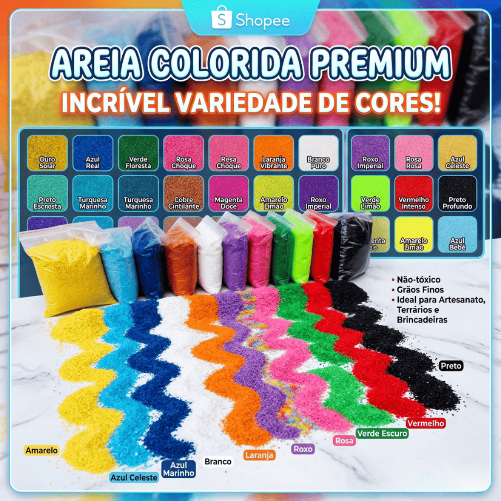 AREIA COLORIDA - CASAMENTO TRABALHO ESCOLAR AQUARIO ARTESANATO VELA GRUTA SABONETEIRA ATOXICO AREIA COLORIDA - CASAMENTO TRABALHO ESCOLAR AQUARIO ARTESANATO VELA GRUTA SABONETEIRA ATOXICO - Oferta na Shopee