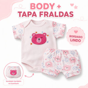 Body Com Tapa Fraldas Conjunto Bebê Menina em Malha Suedine 100% Algodão Macio Confortável Bordado - Oferta na Shopee