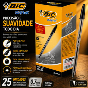 Caneta Esferográfica Bic Cristal Precisão 0.7mm Ultra Fina Preta Caixa com 25 Unidades - Oferta na Shopee