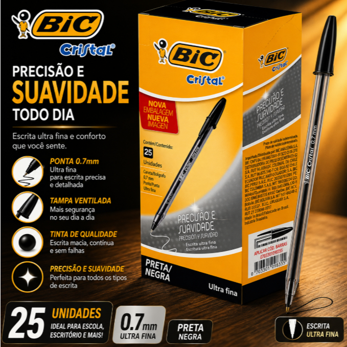 Caneta Esferográfica Bic Cristal Precisão 0.7mm Ultra Fina Preta Caixa com 25 Unidades Caneta Esferográfica Bic Cristal Precisão 0.7mm Ultra Fina Preta Caixa com 25 Unidades