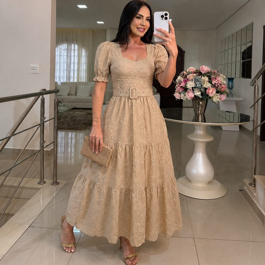 Vestido Midi Feminino Laise Bordado Elegante Manga Princesa com Cinto Zulma Fashion Vestido Midi Feminino Laise Bordado Elegante Manga Princesa com Cinto Zulma Fashion