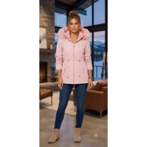 jaqueta parka forjada com pelúcia capuz removível bolso e cordões de ajustes - Oferta na Shopee