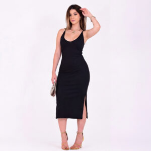 Vestido Midi Canelado Fenda Lateral de Alcinha Decote em V com Elastano - Oferta na Shopee