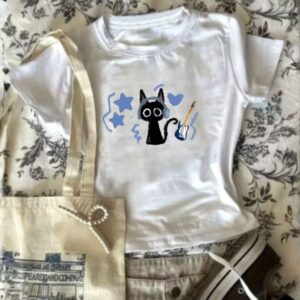 Cropped Vintage Gatinho Fofo Estilo Coreano Y2k Roupa Feminina Casual - Oferta na Shopee
