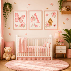 Quadro decorativo 3 peças Borboleta Rosa Flores Personalizado com nome decoraçao quarto infantil - Oferta na Shopee