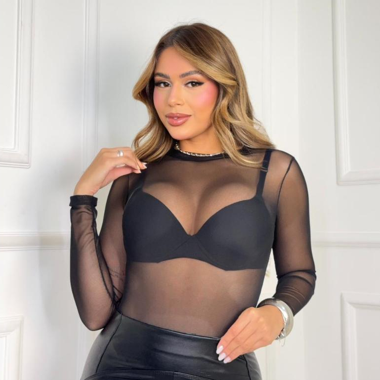 Body de Tule Feminino Bori Manga Longa Influencer Moda Feminina Blogueira Transparente Tendencia Body de Tule Feminino Bori Manga Longa Influencer Moda Feminina Blogueira Transparente Tendencia