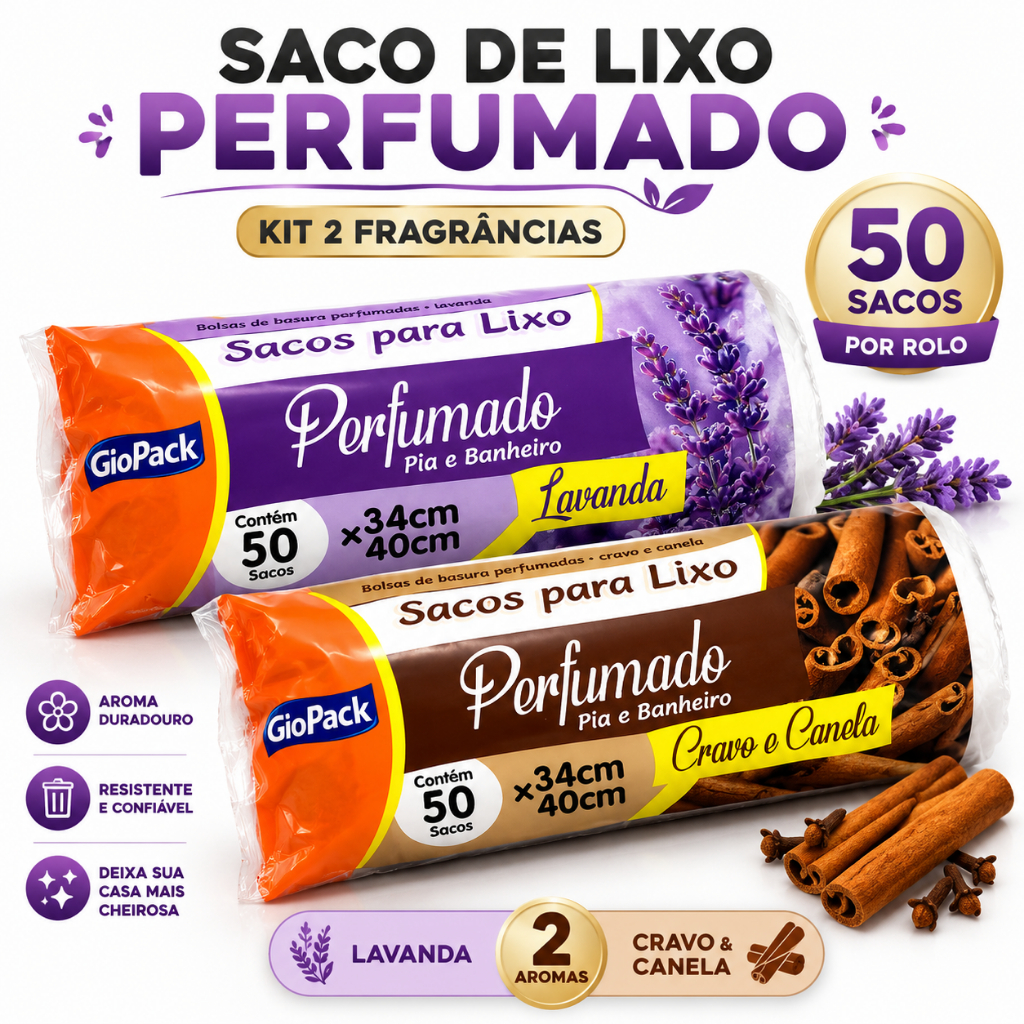 100 Sacos de Lixo Perfumados Lavanda ou Cravo e Canela Para Pia Banheiro Cozinha Neutraliza Odores 100 Sacos de Lixo Perfumados Lavanda ou Cravo e Canela Para Pia Banheiro Cozinha Neutraliza Odores