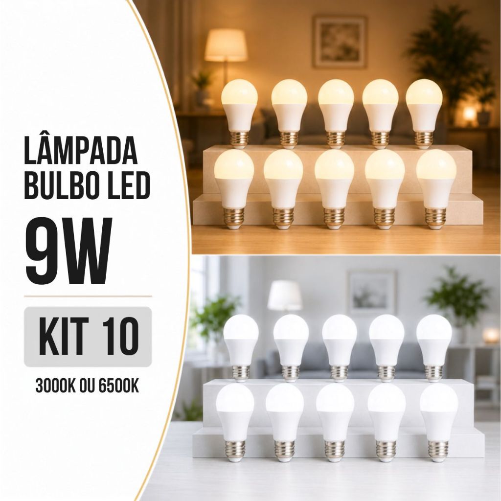 Kit 10 Lâmpada Led Bulbo 9w 3000k/6500k Branco Quente/Frio Bivolt 110v 220v Luz Amarela/Fria E27 Kit 10 Lâmpada Led Bulbo 9w 3000k/6500k Branco Quente/Frio Bivolt 110v 220v Luz Amarela/Fria E27
