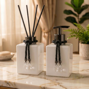 Kit De Banheiro Lavabo Porta Sabonete Liquido + Aromatizador de Ambiente Difusor 250ml Cubo Elegante - Oferta na Shopee