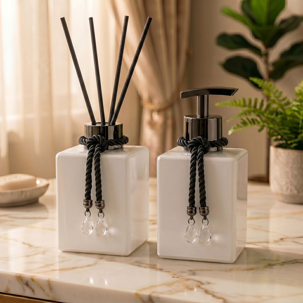 Kit De Banheiro Lavabo Porta Sabonete Liquido + Aromatizador de Ambiente Difusor 250ml Cubo Elegante Kit De Banheiro Lavabo Porta Sabonete Liquido + Aromatizador de Ambiente Difusor 250ml Cubo Elegante - Oferta na Shopee