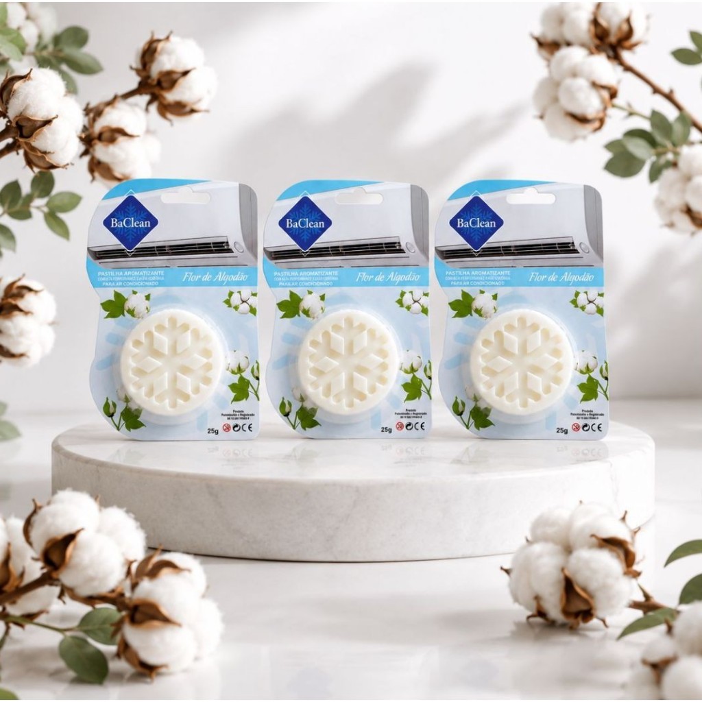 Kit 03 Pastilhas Aromatizantes para Ar Condicionado Aroma Flor de Algodão BaClean Fragancia Kit 03 Pastilhas Aromatizantes para Ar Condicionado Aroma Flor de Algodão BaClean Fragancia