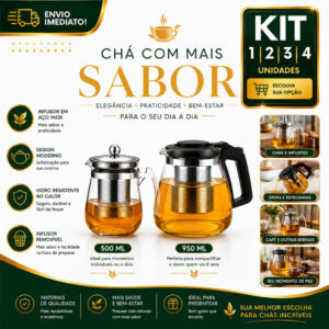 Chaleira Bule de Vidro 1/2/3/4 para Chá 500ml e 950ml com Infusor Aço Inox Filtro Premium Resistente ao Calor - Oferta na Shopee