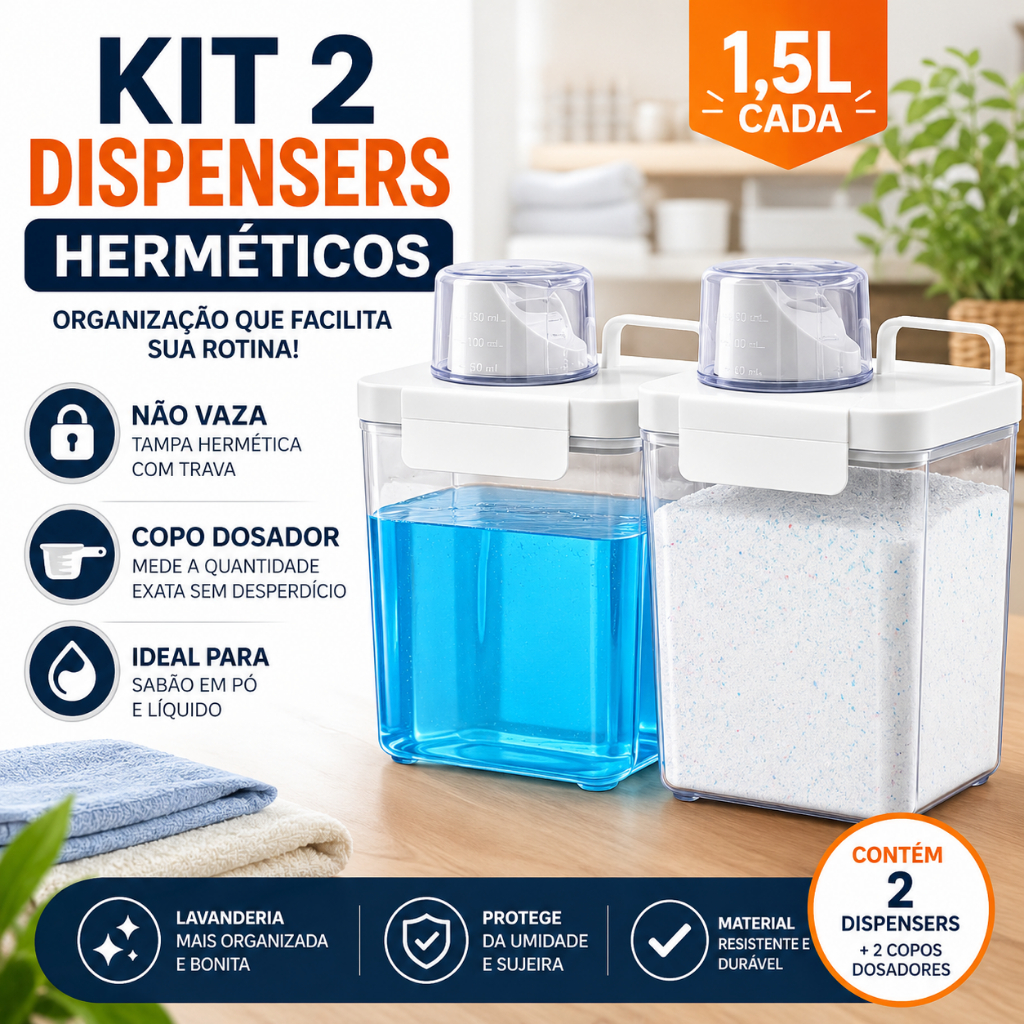Kit 2 Dispenser Hermético 1,5L Organizador Lavanderia Porta Sabão em Pó e Líquido com Copo Dosador Kit 2 Dispenser Hermético 1