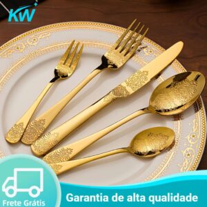 Conjunto de Talheres Dourado 24 Peças Luxo Aço Inox Premium Desenhado  Mesa Posta para Jantar